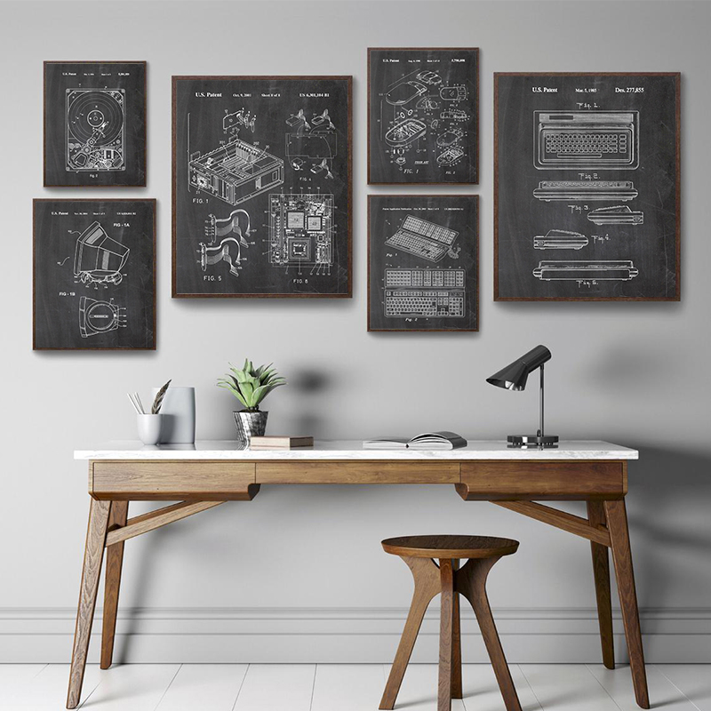 Office Print Tech - 6 Adet Vintage Bilgisayar Patent Duvar